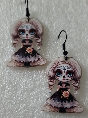 Hand Crafted Gothic Doll Earrings in Black, Pink, Cream
